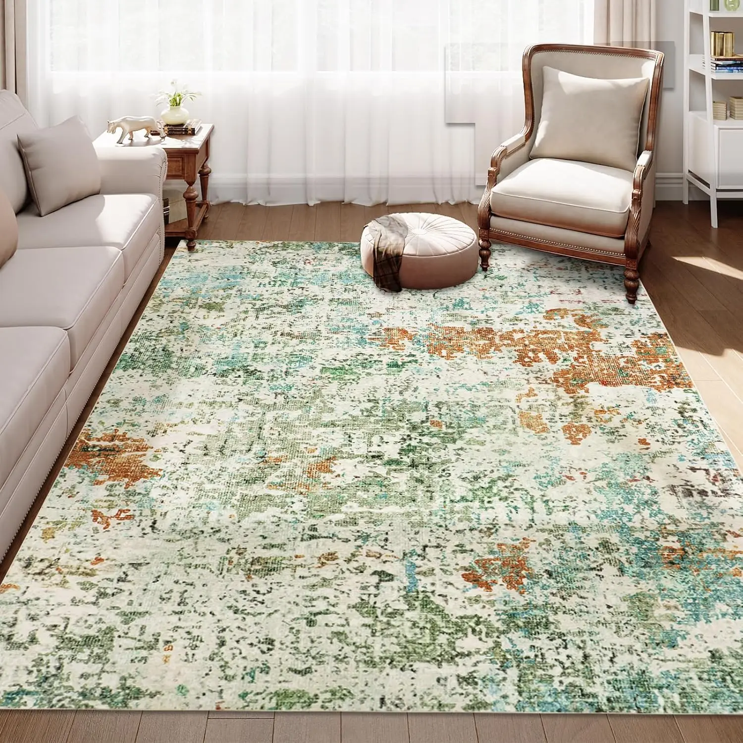 

Famibay Modern 6X9 Area Rugs, Multi Green Abstract Washable Living Room Area Rug, Thin Soft Faux Wool Bedroom Rug Under Bed,