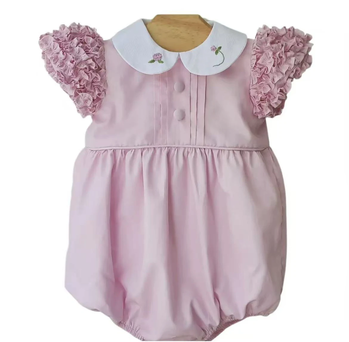 Baby Girl Summer Bubble Romper Pink Floral Embroidery 3D Ruffle Sleeve for Casual Birthday Photography B696