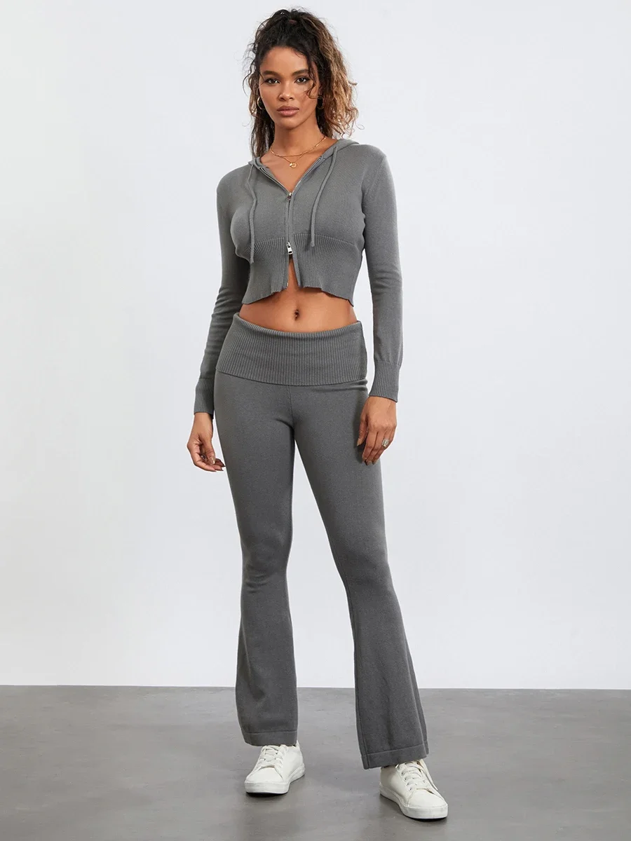 Women’s Two Piece Outfits Slim Set Long Sleeve Zip Up Cropped Hoodie and Bootcut Pants Set Solid Color Tracksuits y2k Loungewear