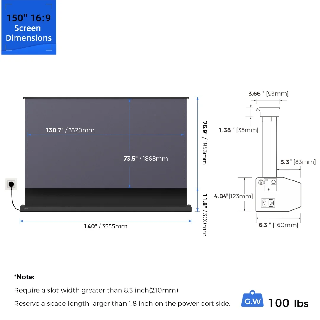 150-inch Electric Floor Rising Projection Screen, ALR Perforated Acoustic Material, HD 4K/8K for Living Room Home Theater