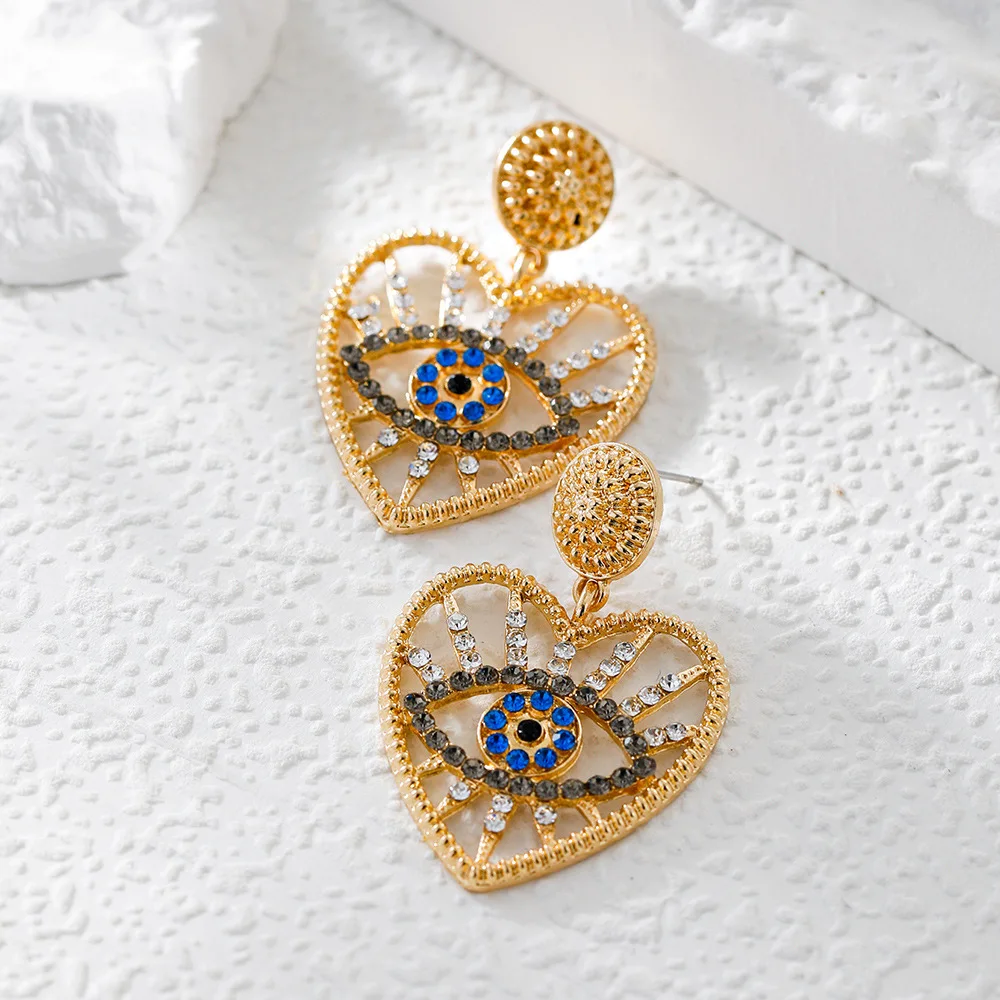 Ethnic Rhinestone Evil Eye Drop Earrings for Women Vintage Love Heart Shape Statement Dangle Earring Banquet Jewelry