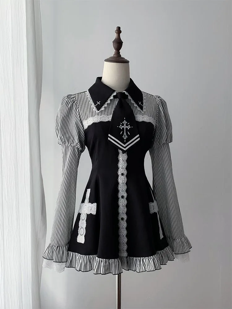 2026 Frühling und Sommer Japanisches Lolita-Kleid Gotisches Dunkles Streifen-Splicing Langärmliges OP-Kleid für Damen Tägliche Kleidung Cosplay Partys