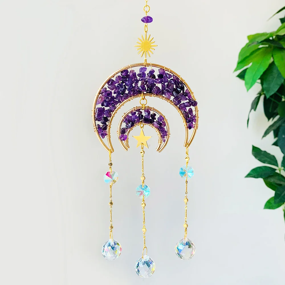 Custom Natural Rose Quartz Suncatcher - Wire Wrapped Crescent Moon Prism Window Hanging Decor