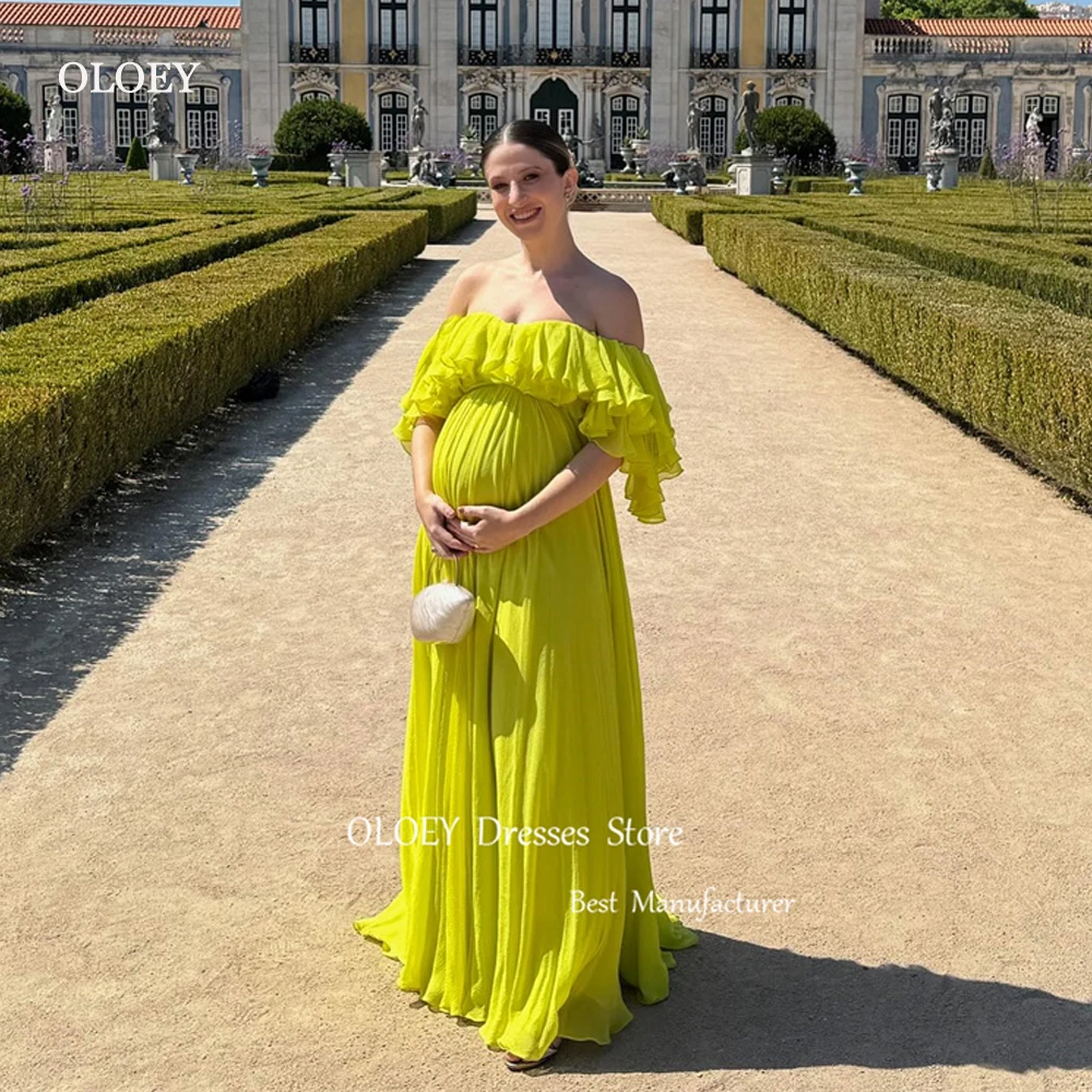 OLOEY Sexy Bright Green Silk Chiffon Evening Dresses Straight Pregnant Women Off Shoulder Prom Gowns Formal Party Dress