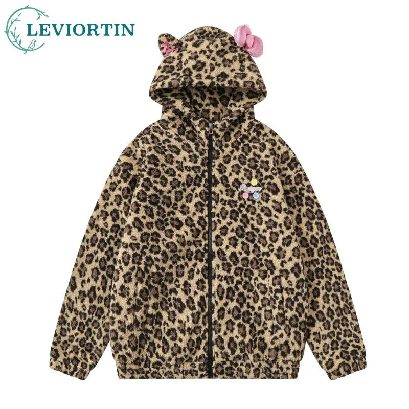 

Men's winter American retro leopard print standing ear lamb wool warm and plush fashionable versatile hooded cotton jacket