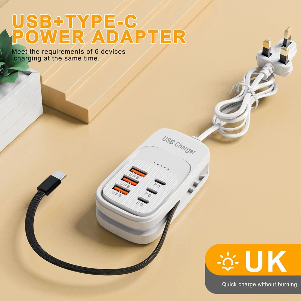 Snelle USB-lader 6-in-1 stekkerdoos bureau-oplaadstation snellaadkabel EU/UK/US stekker USB-hub adapter stopcontact 3PD 3USB - afbeelding 1