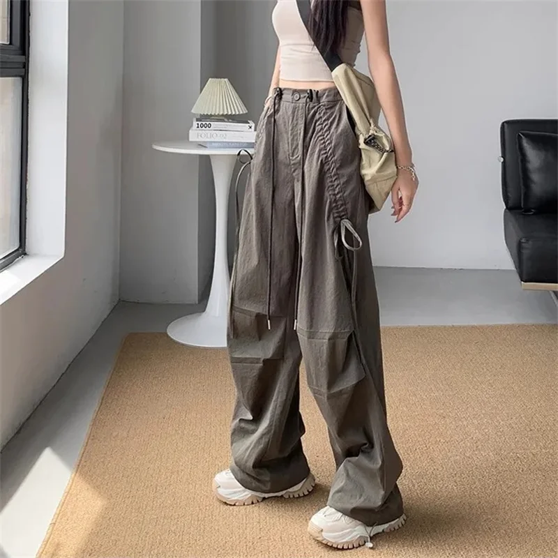 Women Long Cargo Pants autumn Elastic Waist Pocket Baggy Straight Loose Pants Casual Women Korean Trousers