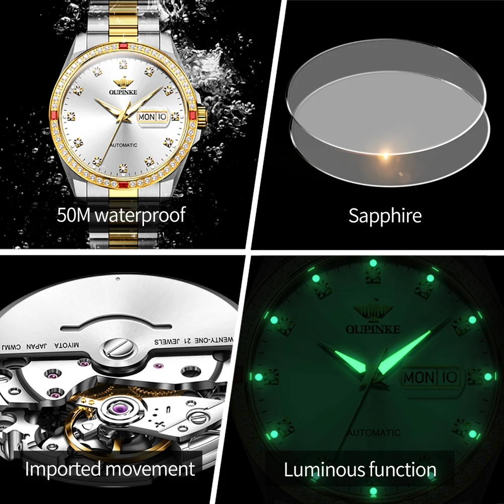 OUPINKE 3261 Luxury Original Man Wrist Watches Diamond Dial Automatic Mechanical Watch For Men Dual Calendar Business Hand Clock