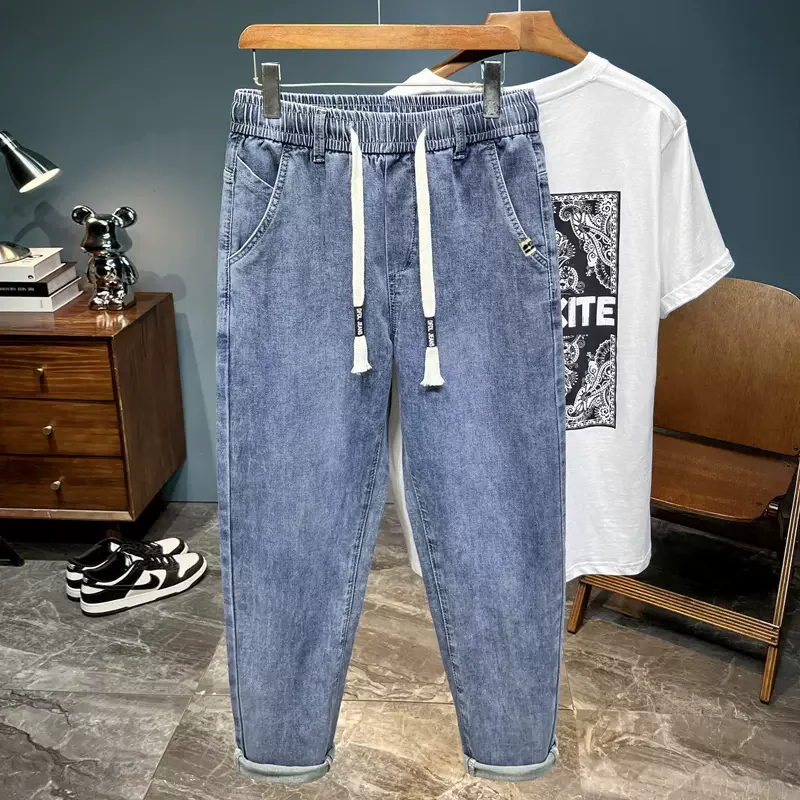Summer Thin Elastic Waisand Casual Soft Men's Jeans Loose Fit Slim Leg Cotton Polyester Blend Harem Pants Youth Faion