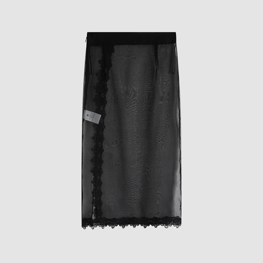Ladies 100% Silk See Through Mesh Midi Skirt Lace Edge High Waist Side Split Skirt Elegant Party Casual Bottom
