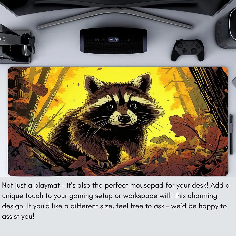 แผ่นรองเล่นการ์ด Magic ลายแฟนตาซีแรคคูน พร้อมช่องสำหรับการ์ด เหมาะสำหรับการเล่นเกม Commander และการรวมตัวเล่นเกม