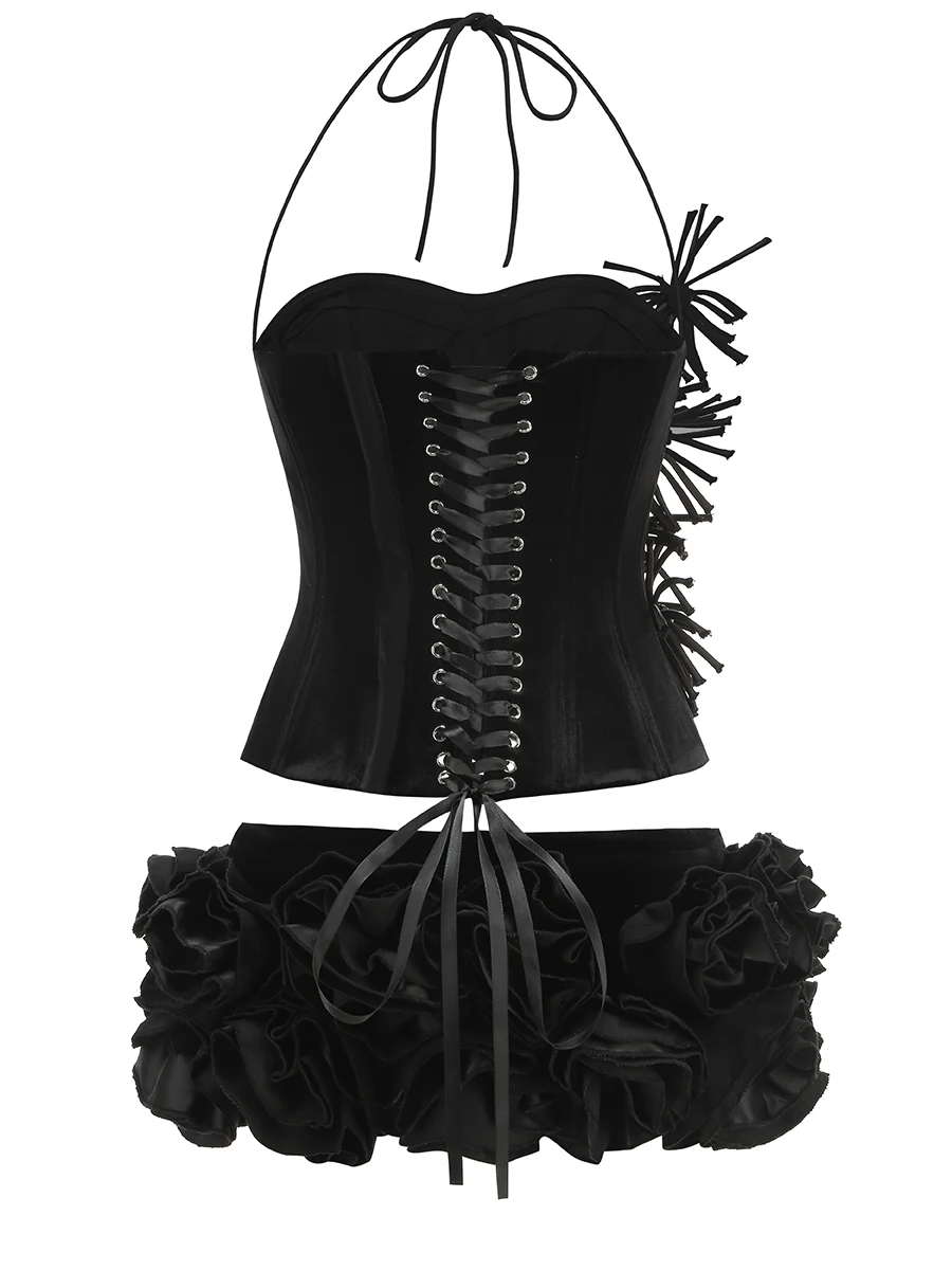 Сексуальный красный велюровый комплект из двух предметов без бретелек, топ на шнуровке с лямкой на шее + мини-юбка с низкой талией, женские клубные вечерние юбки знаменитостей, костюмы