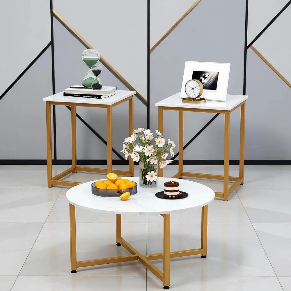 

Набор журнальных столиков Coee Table Set o 3: круглый мраморный журнальный столик и 2 квадратных приставных столика с металлическими ножками, 3-предметный комплект для гостиной.