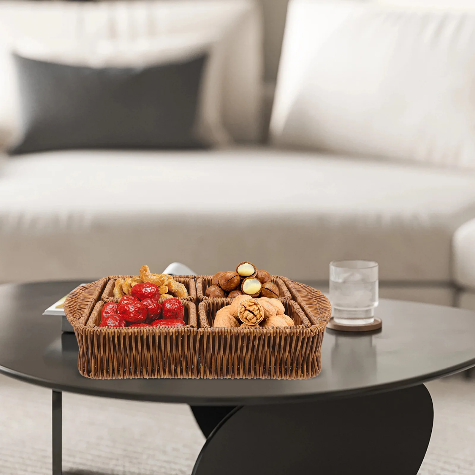 

1 Set Woven Storage Basket Snack Dried Fruit Organizer Large Small Square Baskets Home Desktop Compartmentalized Rustic Style