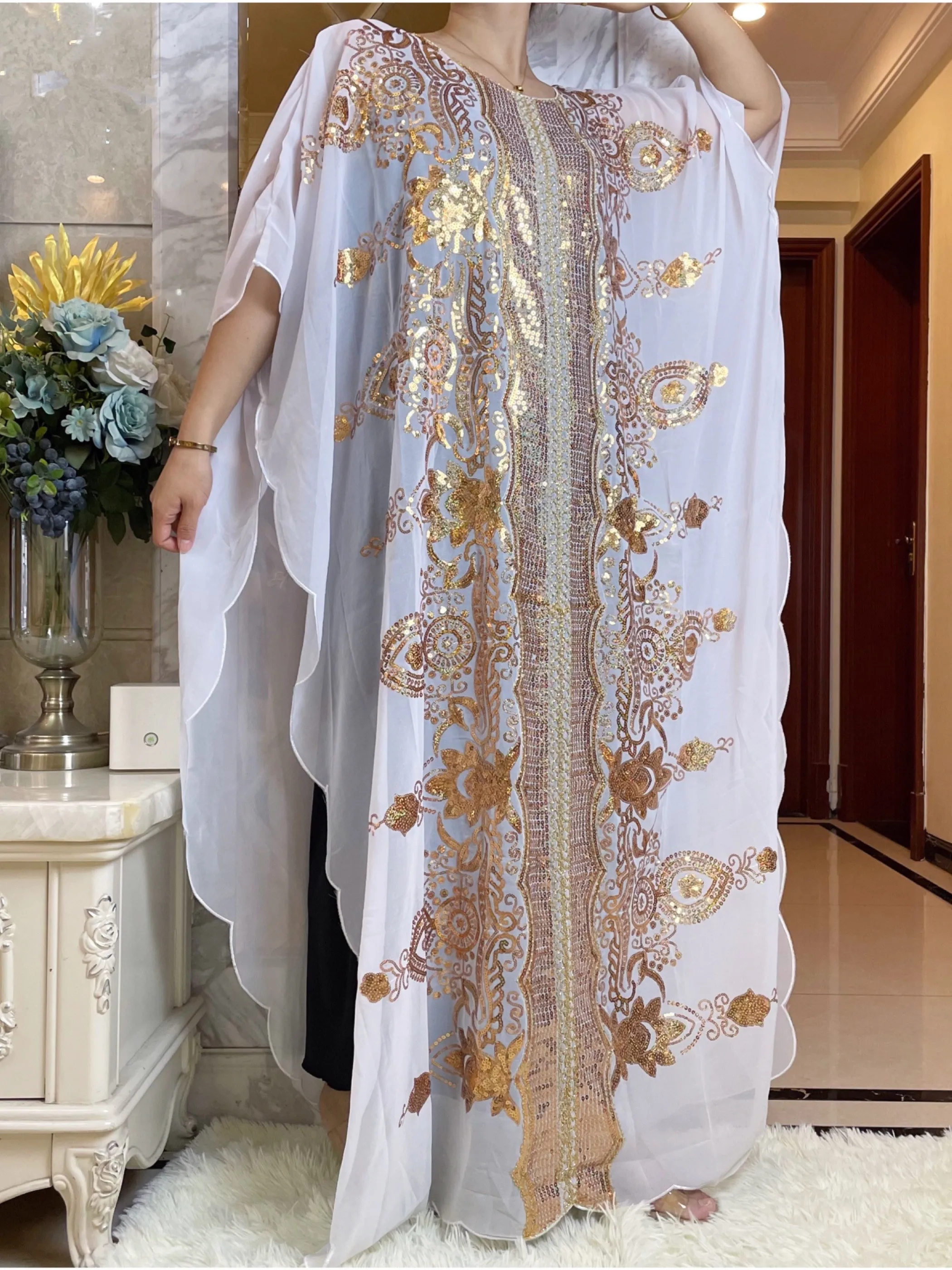 2025 جديد المرأة الأفريقية Dashiki موضة عباية إسلامية أنيقة الشيفون Batwing كم الترتر فستان فضفاض رداء أنيق حجم الحرة #4