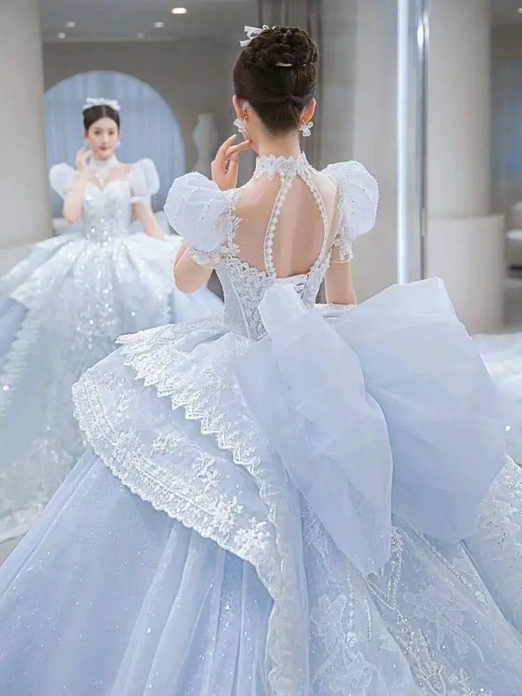 Ice-Snow Blue Main Wedding Dress 2026 New Bridal French High-End Heavy Industry Luxury Trailing High-Grade Puff Sleeve Summer