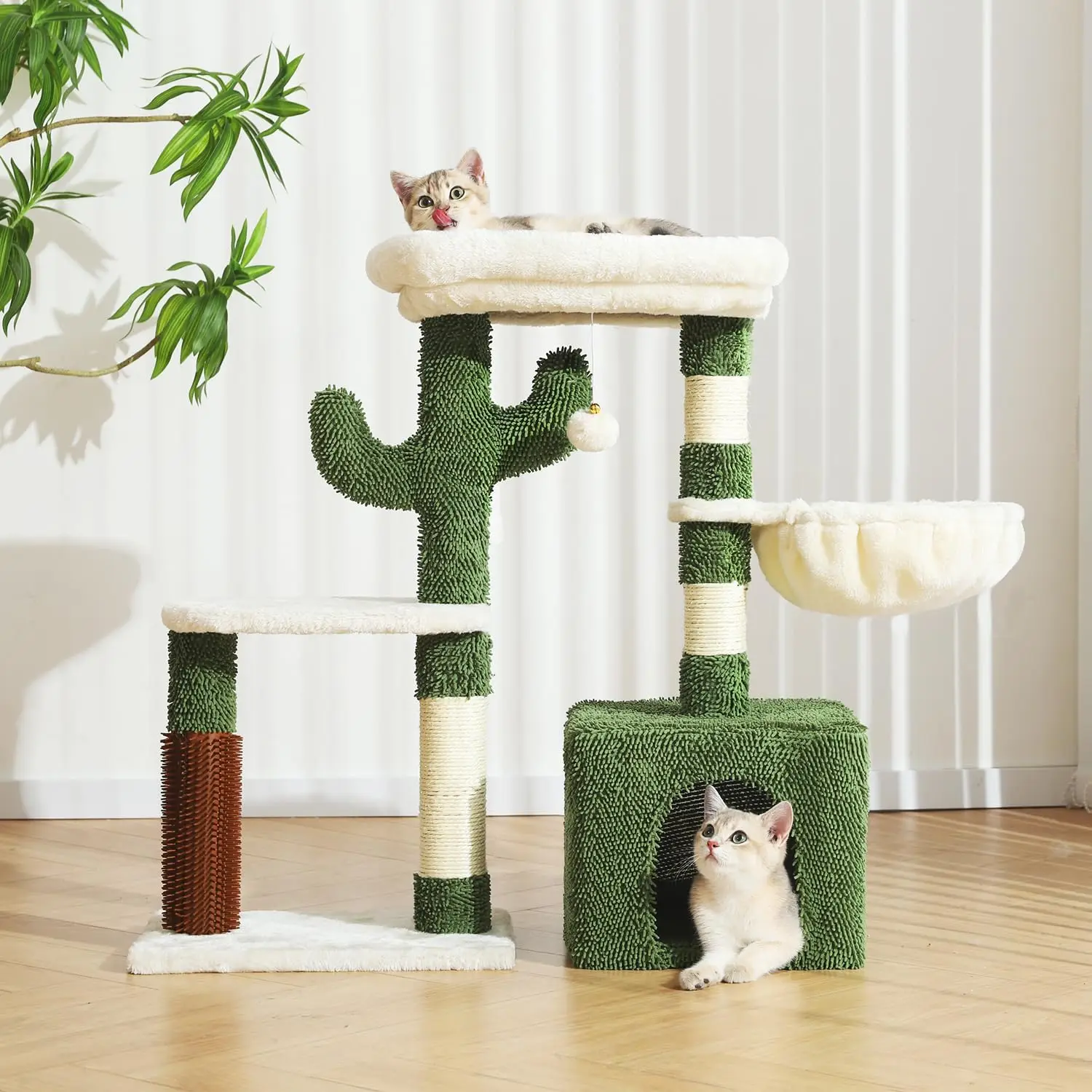 

32-Inch Small Cat Tree for Indoor Cats, Cactus Cat Tower with Sisal Scratching Posts, Cozy Condo, Plush Perch, and Hangi