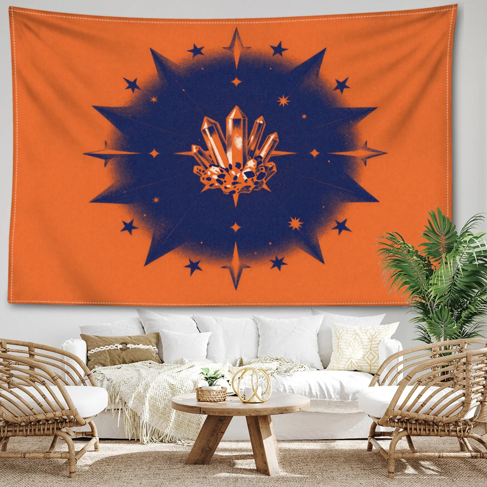 Orange Blue Star Radiant Crystal Wall Tapestry, Symmetrical Boho Decor