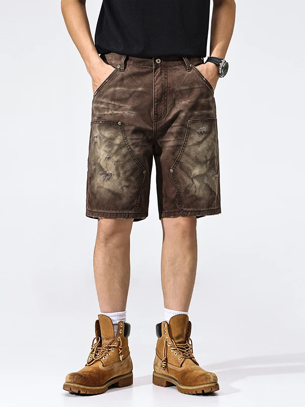 

Retro Patchwork Workwear Denim orts Men's Loose Straight Leg Vintage Casual Five-Quarter Length Cotton Stretch Jeans
