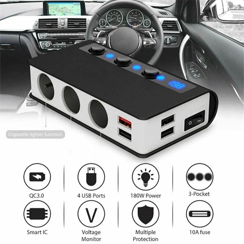 3 Way Car Cigarette Lighter Socket Splitter 12V 24V Multi USB Car Charger Voltmeter Power Adapter Charger For Auto Supplies