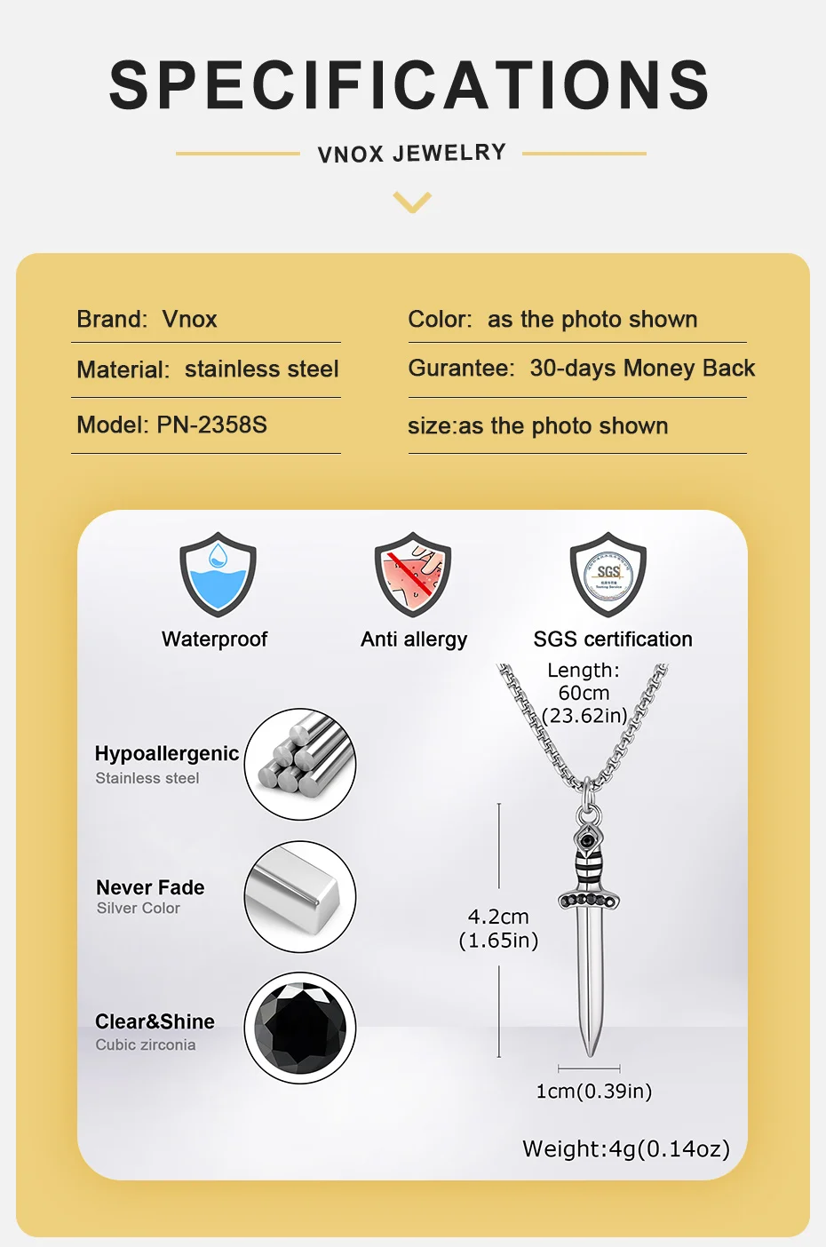 Vnox Herren Schwert-Kreuz Anhänger Halskette, Edelstahl Gothic Punk Hip Hop Kastenkette, Retro Schwertform Schmuck Geschenk für Männer – Detail 4