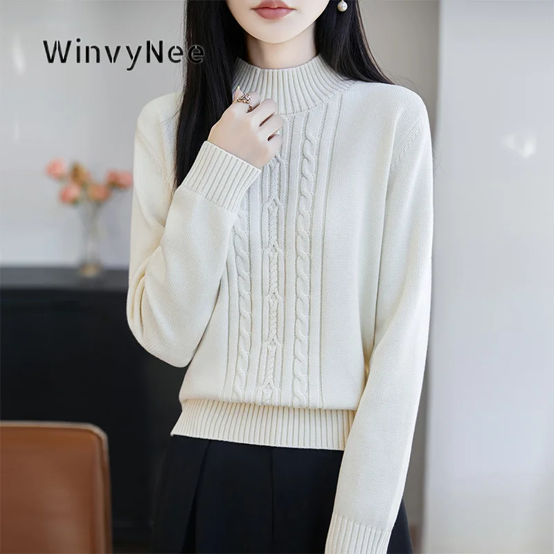 WinvyNee Women Cable Knit Pullover Jumper 100% Cotton Mock Neck Long Sleeve Warm Knit Top Autumn Winter Loose Fit Wear ZA1892041