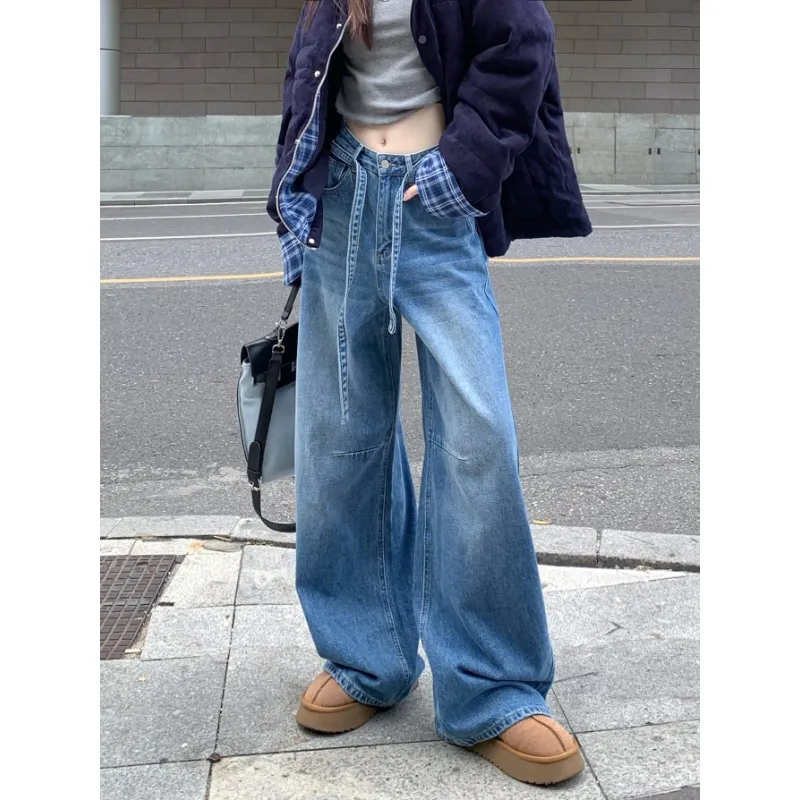 

American Retro Blue Wash Wide-leg Jeans for Women in Winter New Niche Straps Loose Straight Pants Floor Pants