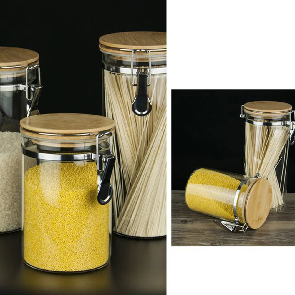 

Glass Airtight Food Storage Jar Bamboo Lid Metal Lock Clip 1140Ml Sealed Canister for Tea Coffee Sugar Beans Nuts