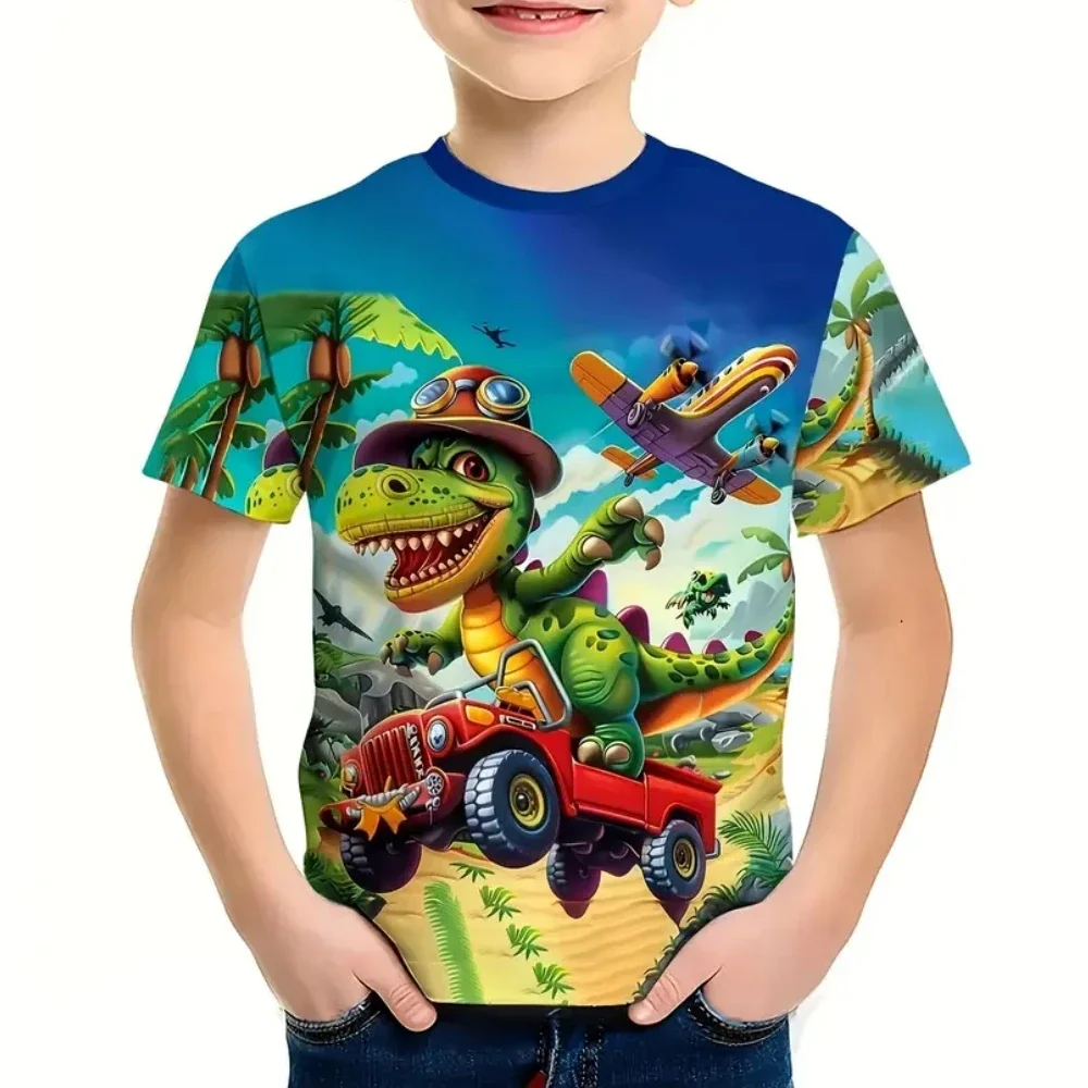 Kids Boy Clothes 3D Cartoon Dinosaur Graphic T Shirts Fun Children's Clothing Summer Crew Neck Short Sleeves T-Shirts for Boys