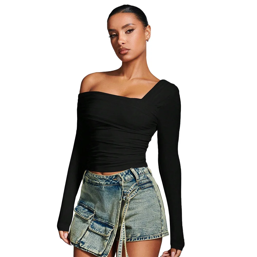 Sexy of Sve T-shirt 2024 Winter Uniek Design Vierkante Kraag Dik Gebreid Damesmode Grensoverschrijdende Kleding