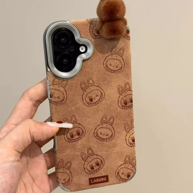 Kawaii Plush Stereo Labubu Phone Case Cartoon Dermatoglyph For Iphone 16 15 Pro Max Shockproof Leather Material Soft Phone Shell