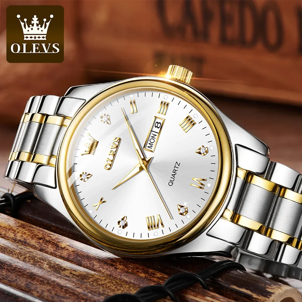 OLEVS 5563 Stainless Steel Strap Business Men Wristwatch, Waterproof Quartz Golden Diamond-encrusted Watches For Men Luminous