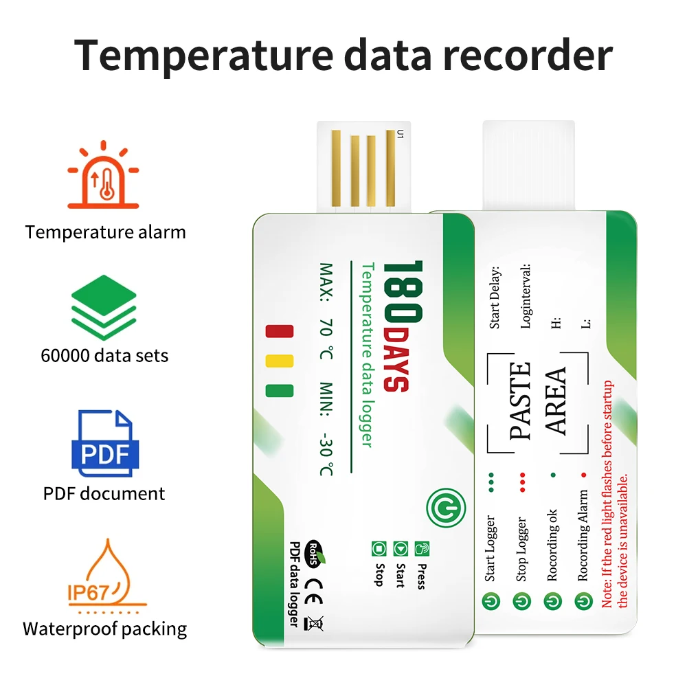 180 Days Temperature Data Logger High Precision Thermometer Recorder with Alarm USB PDF Report Lab Cold Chain Transportation