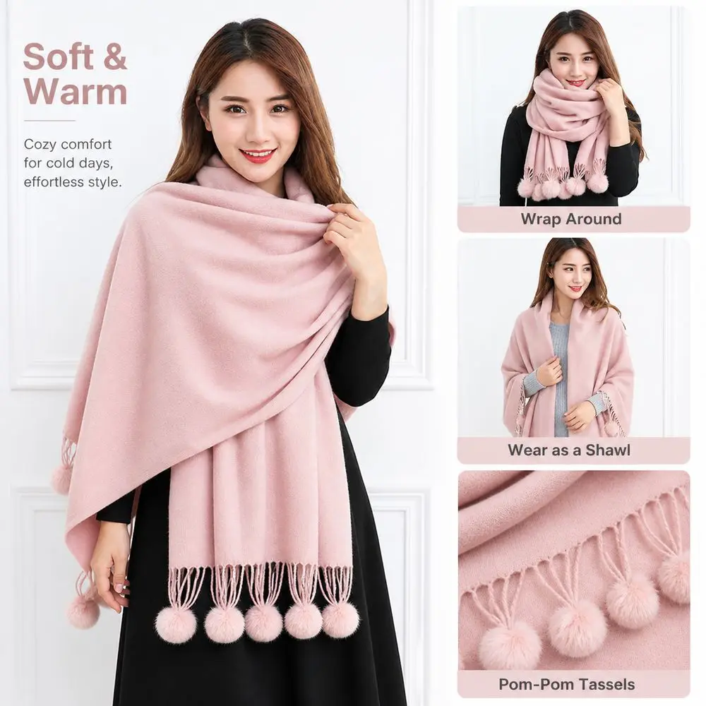 High Quality Cashmere Shawl Scarf Solid Color Oversized Rabbit Fur Pom Pom Scarf Warm Thick Fabric Soft Texture Pom Pom Scarf