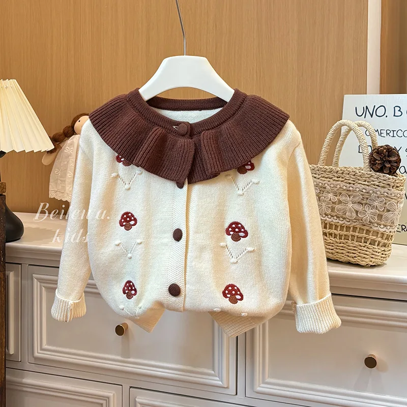 

Autumn Children Girls Sweater Cotton Pattern Embroidery Kid Baby Girl Knitwear Coat Spliced Collar Toddler Little Girls Cardigan
