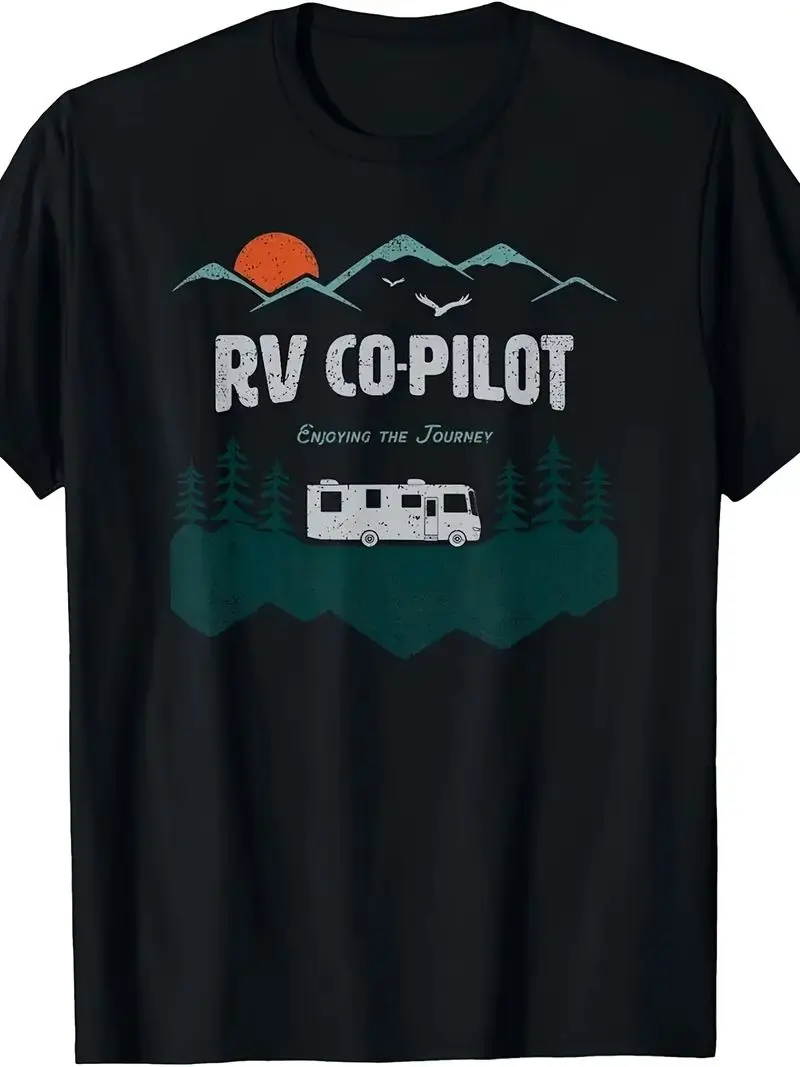 Retro Rv Copilot Camping Motorhome Gift Unisex Short Sleeve T-Shirt Casual Crew Neck Printed Tee For Men And Women Summer Wear