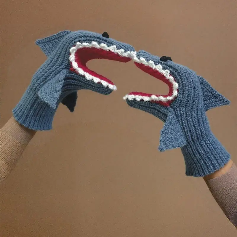 

Очаровательные забавные вязаные перчатки с изображением акулы, утепленные теплые перчатки с мультяшным рисунком, осенние и зимние перчатки для защиты от холода, рождественские подарки