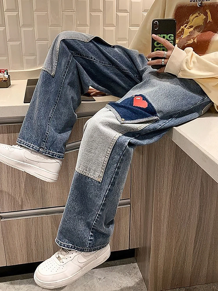 Harajuku Wide Leg Baggy Cargo Jeans Pants Men Heart Oversize Straight Casual Denim Long Trousers Streetwear Vintage Y2k Hip Hop