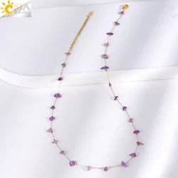 CSJA Natural Chip Bead Necklace Gold Color Stainless Steel Chain Choker Healing Amethysts Tiger Eye Pink Quartz Jewelry H530