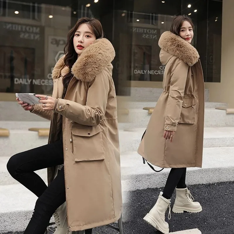 2024 New Winter Jackets Women Long Solid Puffer Jacket Wool Liner Long Female Parkas Hooded With Fur Collar Thick Coat Outwear