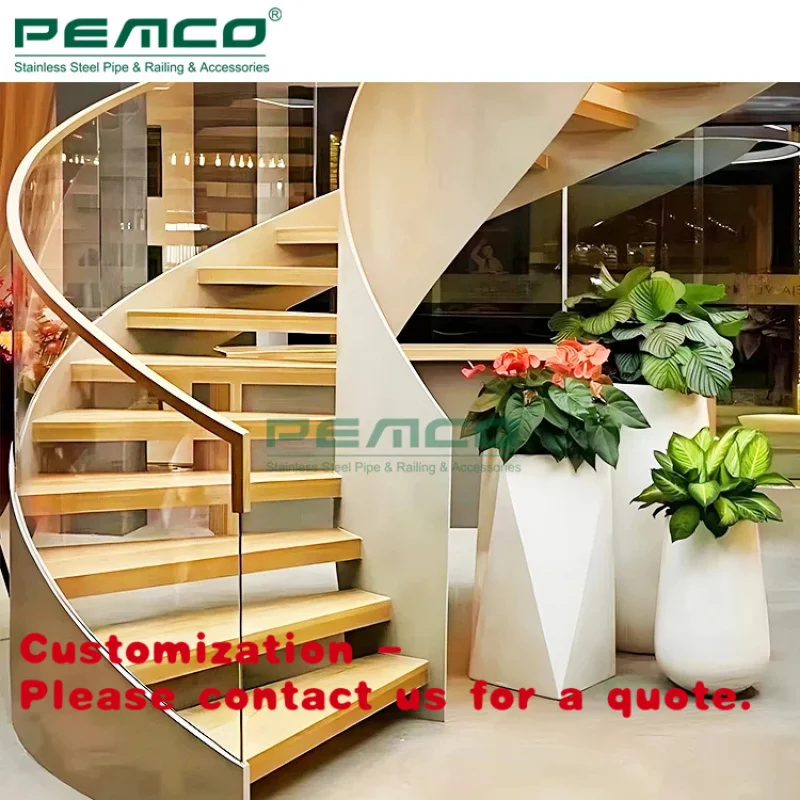 

custom.2025 Hot Sell Shopping Mall Indoor Home Wooden Tread Glass Railing Curve Staircase