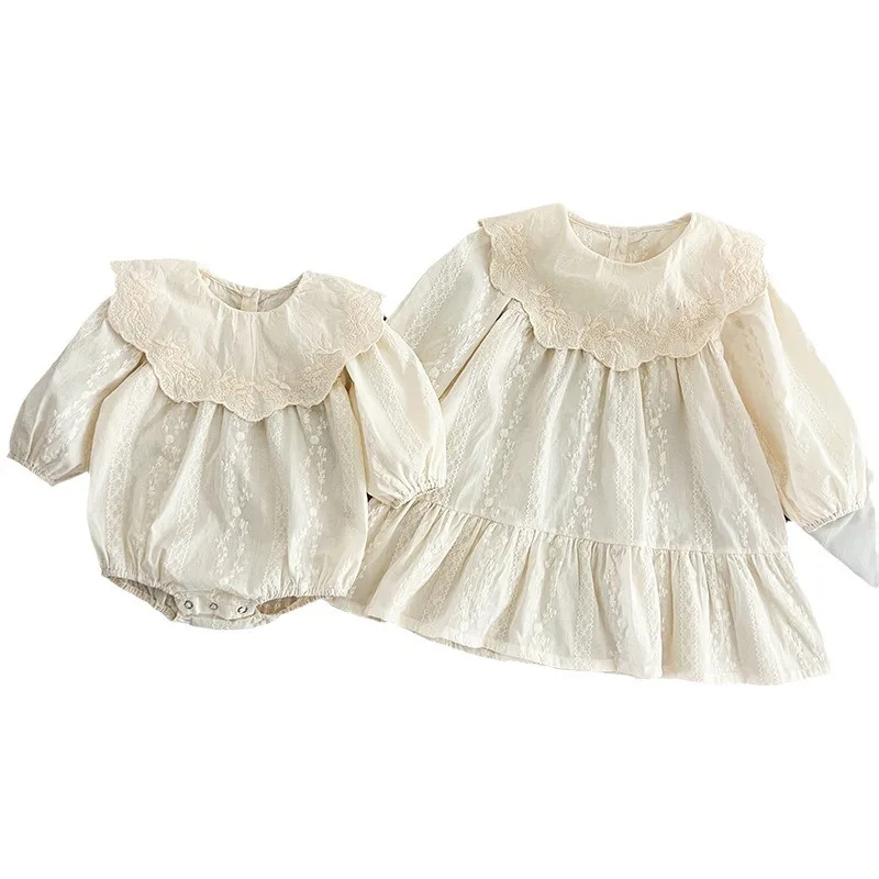 Autumn Girls' Dress Baby Girl Romper One-Piece Embroidered Big Collar Dress Sister Outfit Spring