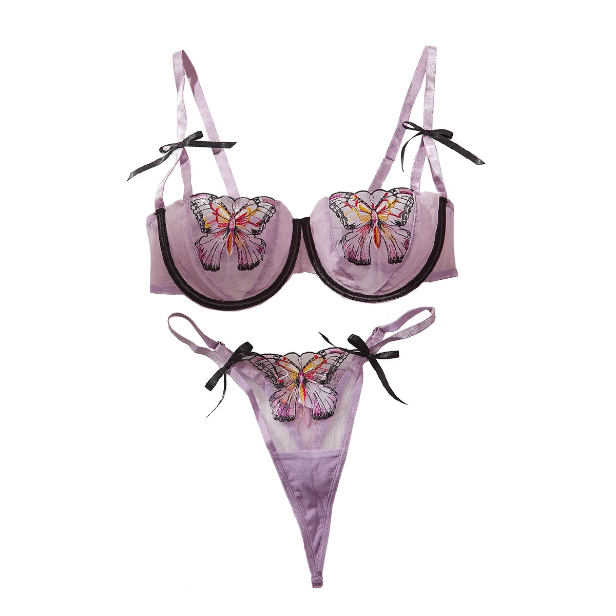 New sexy and exquisite butterfly embroidery transparent mesh girl temptation contrasting color erotic underwear set lingerie