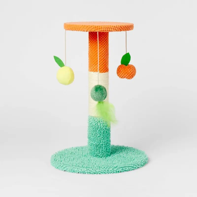 

Foldable Cat Scratching Post with Hanging Fruit Toy 19.57 Inch Durable Climbing Tower for Indoor Cats Pet Furniture