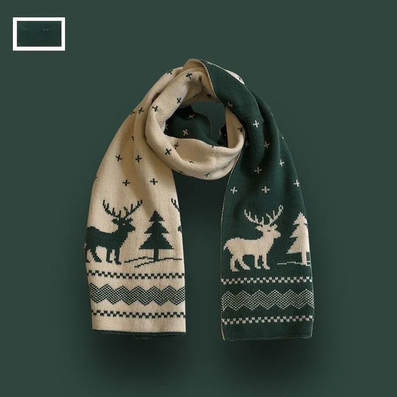 SN55Christmas Present Woolen Shawl Girls  Winter Warm Scarf for Women Men Deer Elk Double-Sided Knitted Scarves Fashion Vers$@1w