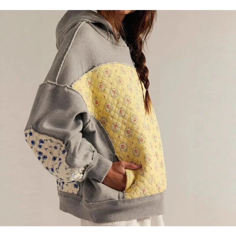 

Hooded Floral Embroidery Splicing Sweater Pullover Casual Top