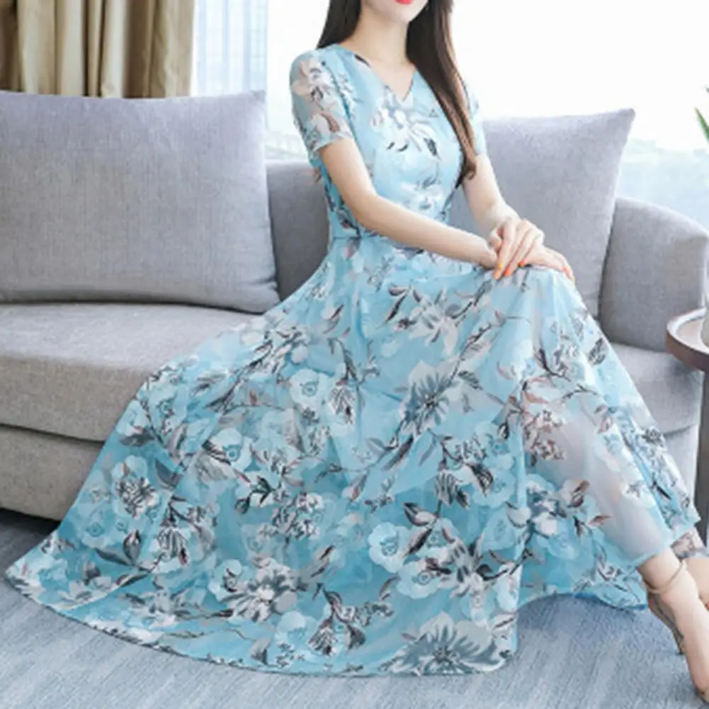 Short Sleeve Floral Print Midi Dress Summer Women Dress Waist Tight Flower Print Large Hem Maxi Dress Travel Vocation Dress