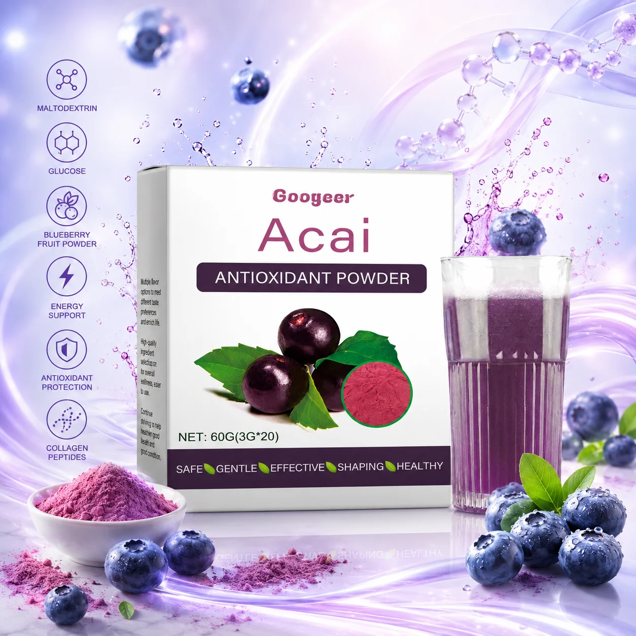 

Blueberry Acai Antioxidant Support Powder, 60g Drink Mix Supports Immune Wellness Refreshing Daily Drink