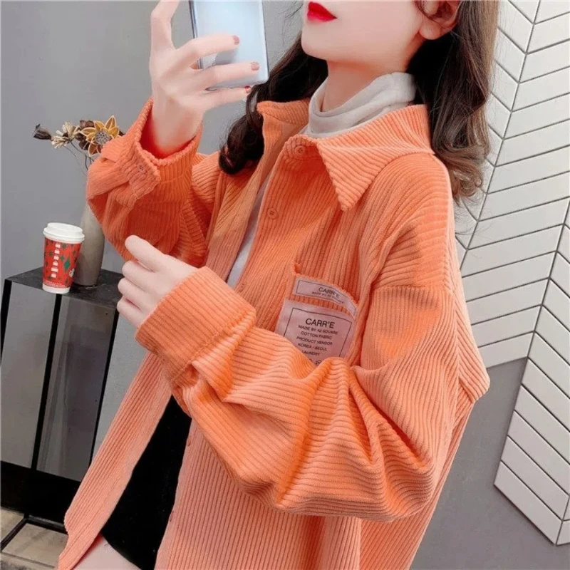 Corduroy Shirt Jacket Female Spring Autumn Students Korean Loose Fashion Outdoor Wear Retro Hong Kong Style Long Sleeved Top