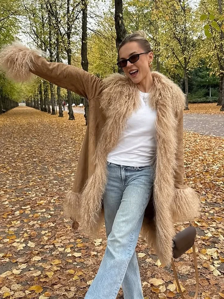 HH femme hiver mode épissage fausse fourrure effet décoration longueur moyenne manteau femme décontracté ample manches longues rue pardessus